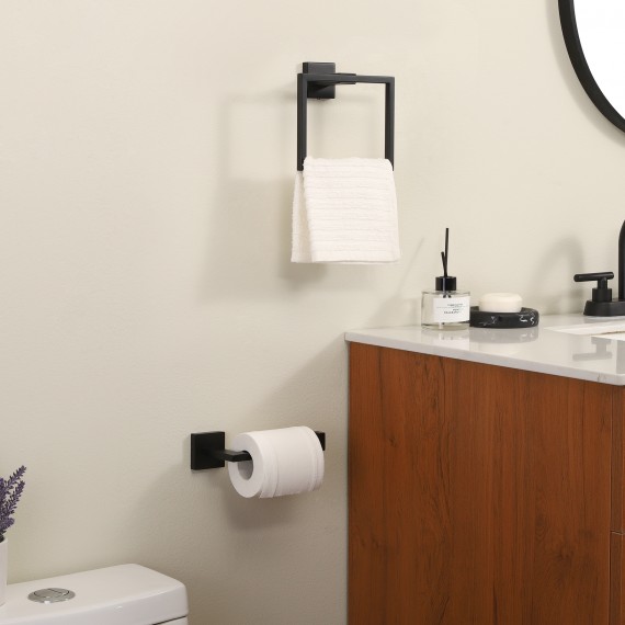 Bathroom Hardware Set Towel Ring Toilet Paper Holder Wall Mount, Matte Black, WMBAS001-BK