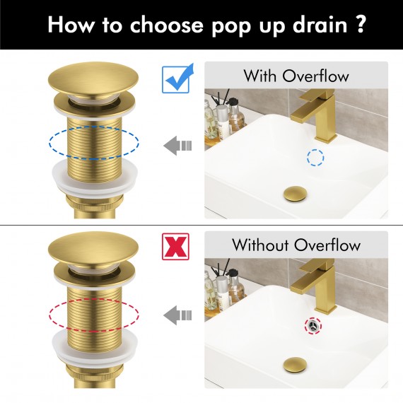 Bathroom Sink Drain, Pop Up Drain Stopper Without Overflow, Brushed Brass WMBSD001D-BZ