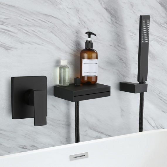 Bathroom Wall Mounted Bathtub Faucet with Shower Head Hand-Held Tub Faucet & Waterfall Faucet, Matte Black XB6220-BK