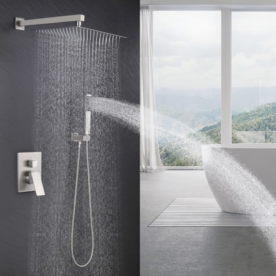 Bathroom Shower System with 12 Inches Rain Shower Head & Handheld Shower, Brushed Finish XB6230S12-BN