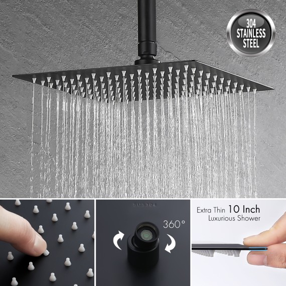 Ceiling Shower Head Shower System 10 Inches Rain Shower Faucet Set Shower Valve and Trim Kit Matte Black, XB6235-BK