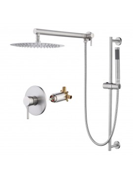 Rain Shower System 12 Inch Round Rainfall Shower Head with Handheld Shower Slide Bar Shower Faucets Sets Complete Including Rough-in Valve and Trim Kit Brushed Finish, XB6239S12-BN