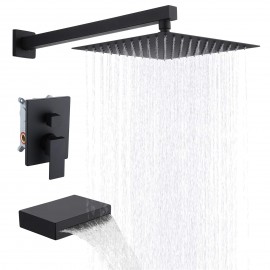 Tub and Shower Faucet Set Shower System with 10-Inch Rain Shower Head and Waterfall Tub Faucet Wall Mount Shower Valve and Trim Kit Included Matte Black, XB6240-BK