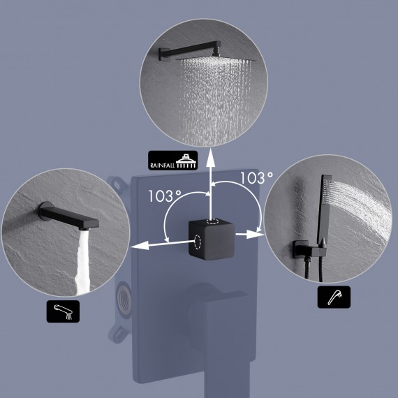Bathroom Shower System with Tub Faucet & Spout Set & Handheld & 10 Inches Rainfall Shower Head Combo, Matt Black XB6300-BK