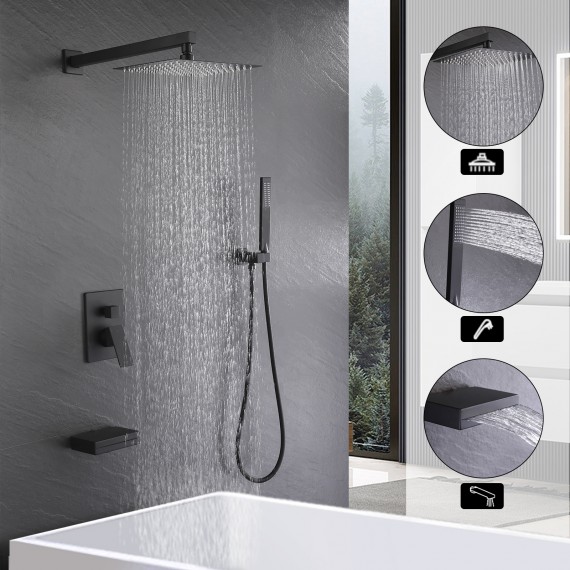 Shower System with Tub Spout Bath Shower Faucet Set Complete 10 Inch Rain Shower with Handheld Spray Pressure Balance Black, XB6305-BK