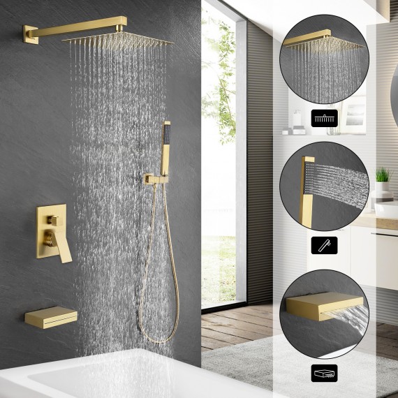 Bath Shower Faucet Set Tub and Shower Faucet Set Rain Shower Head with Handheld Shower System Pressure Balance Brushed Brass, XB6305-BZ