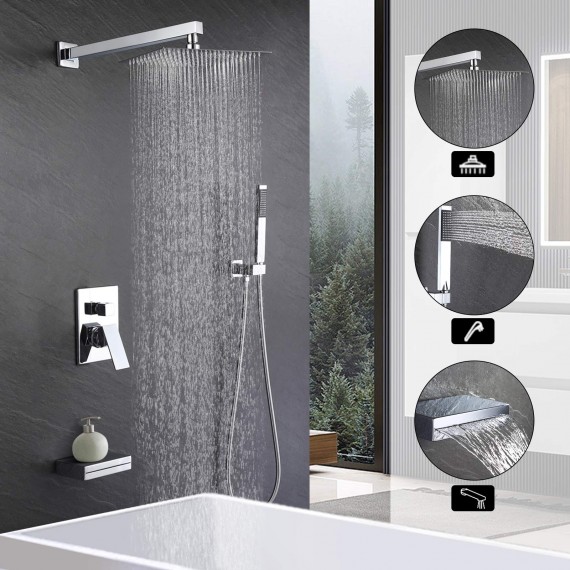Shower System with Tub Spout Bath Shower Faucet Set 10 Inch Rain Shower with Handheld Spray Pressure Balance Chrome, XB6305-CH