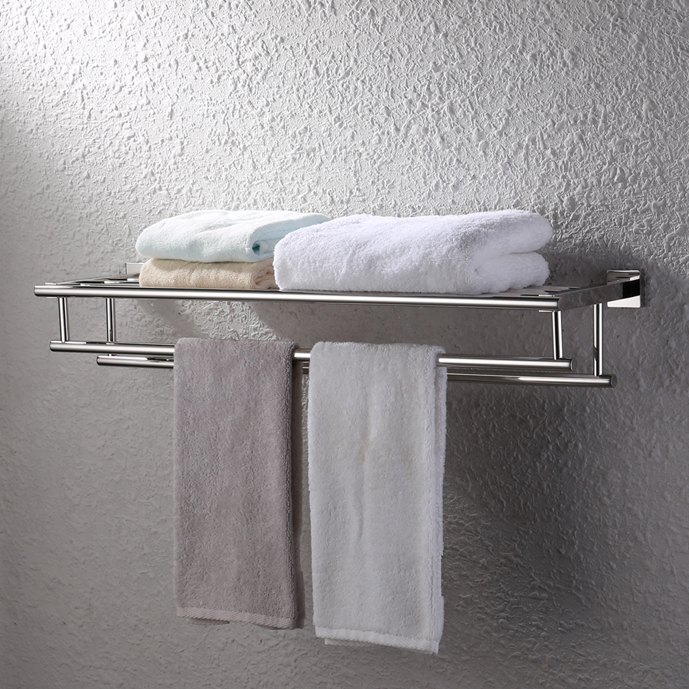 KES Towel Rack with Double Towel Rail for Bathroom Wall Mounted Towel Holder Shelf SUS304 Stainless Steel Storage Organizer 60CM Polished Finish A2112S60 