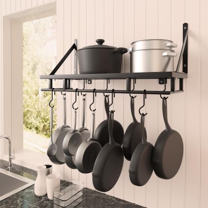 KES Matte Black 24 Inch Wall Mounted Pot Racks with Hooks Matte Black, CE  Certified, Iron KUR215S60-BK