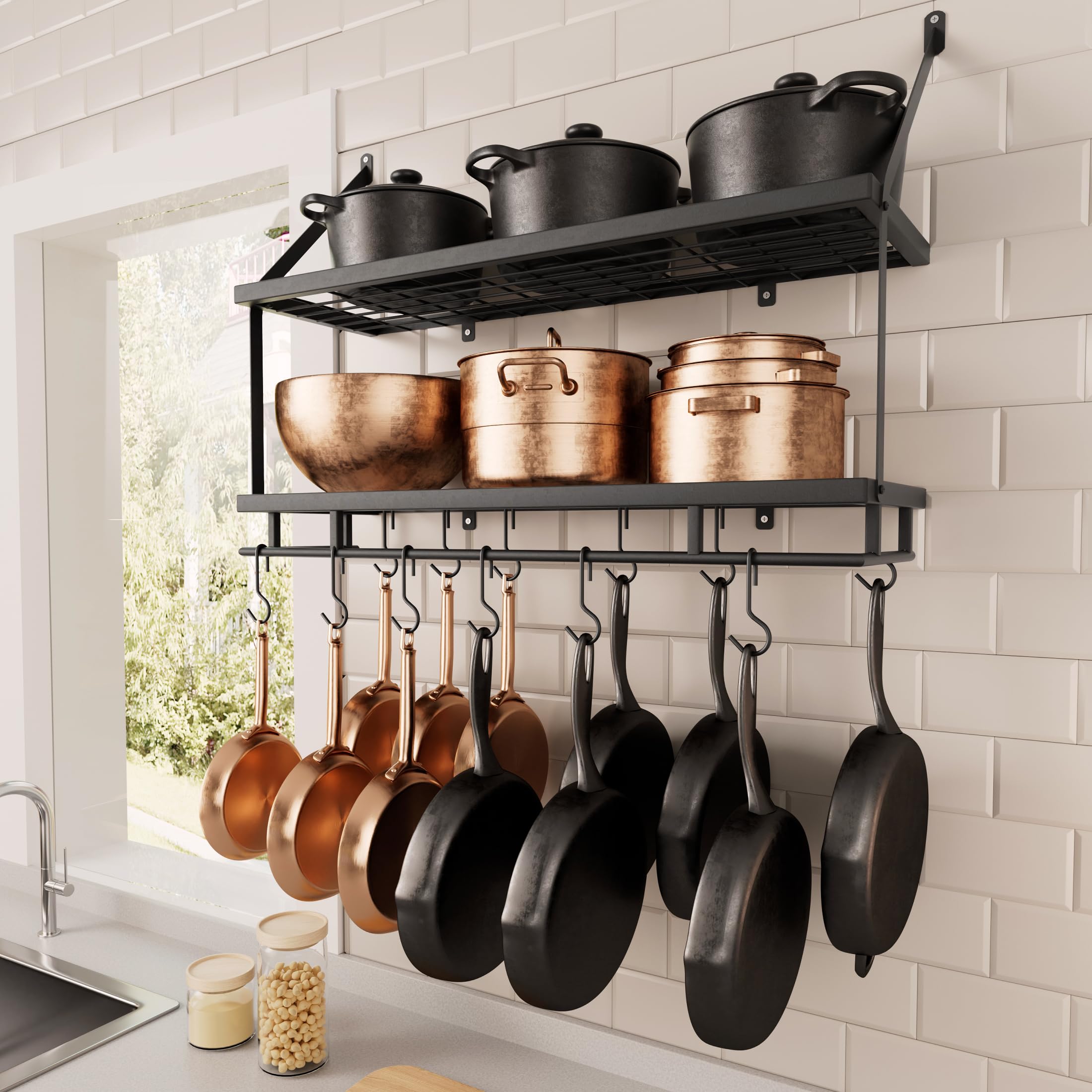 KES Matte Black 30-Inch 2-Tier Wall Shelf for Pot Racks, CE Certified, Iron  | KUR215S75B-BK, image size:2200x2200