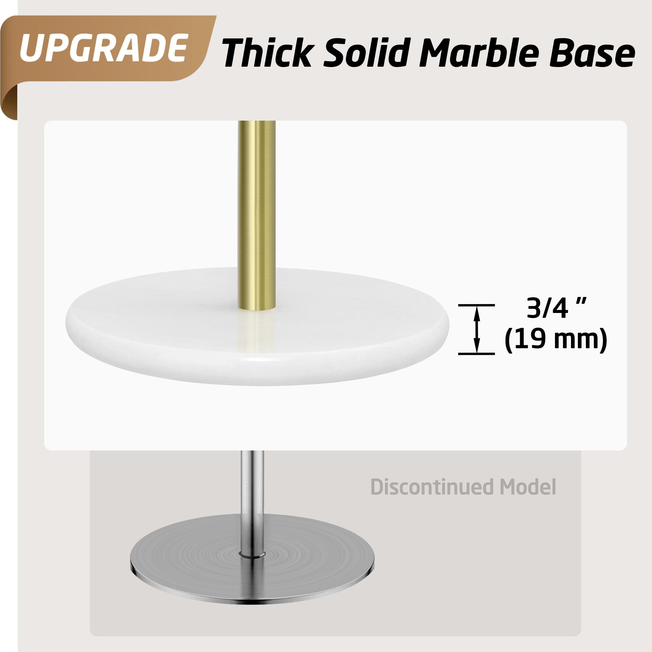 Marble Paper Towel Holder With Brushed Gold Stand | Freestanding Kitchen/Bathroom Countertop Dispenser | White Base & Gold Tube - View #7