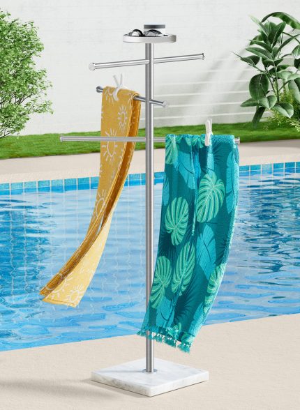 KES Pool Towel Rack Outdoor for Hot Tub 18/8 Stainless Steel, Natural Marble 59 Inch Outdoor Towel Rack with Weighted Base, Adjustable 3 Arms, Storage Tray & 6 Towel Clips, Brushed Finish | OTR202-2