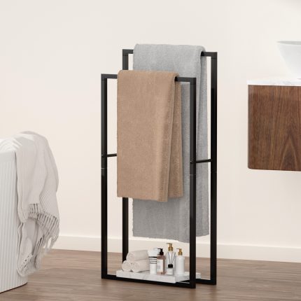 KES 38''H Standing Towel Racks with Heavy Marble Base, Matte Black, BTH1002WF-BK