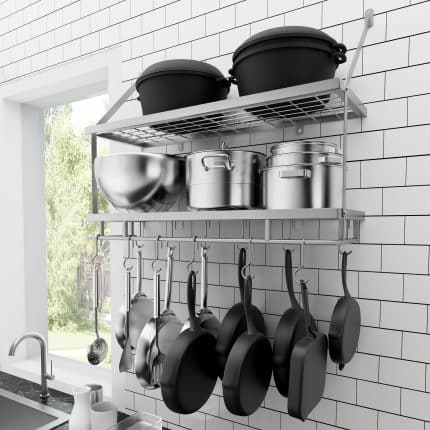 KES 2-Tier 30-Inch Pot Rack Wall Mounted with 12 Hooks, Silver Gray, KUR001S75BWF-SG
