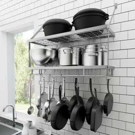 KES 2-Tier 30-Inch Pot Rack Wall Mounted with 12 Hooks, Silver Gray, KUR001S75BWF-SG