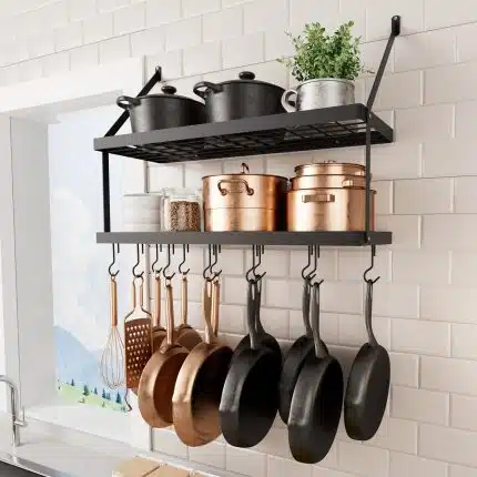 KES 2 Tier 30-Inch Pot Rack Wall Mounted with 12 S-Hooks, Matte Black, KUR436S75BWF-BK