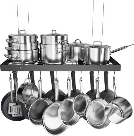 KES 30-Inch Ceiling Pot Rack with 15 Hooks, Matte Black, KUR438S75WF-BK