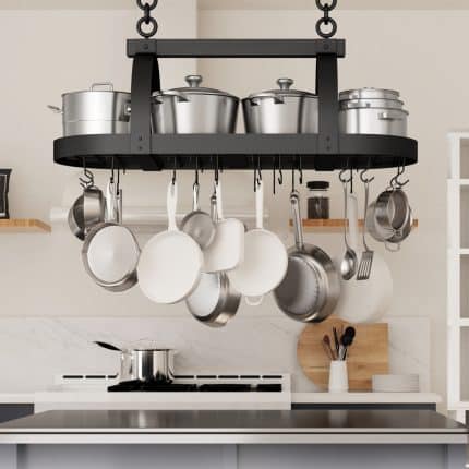 KES 48-Inch Oval Ceiling Pot Rack with 20 S Hooks, Matte Black, KUR450S122WF-BK