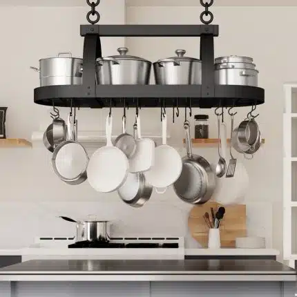 KES 48-Inch Oval Ceiling Pot Rack with 20 S Hooks, Matte Black, KUR450S122WF-BK
