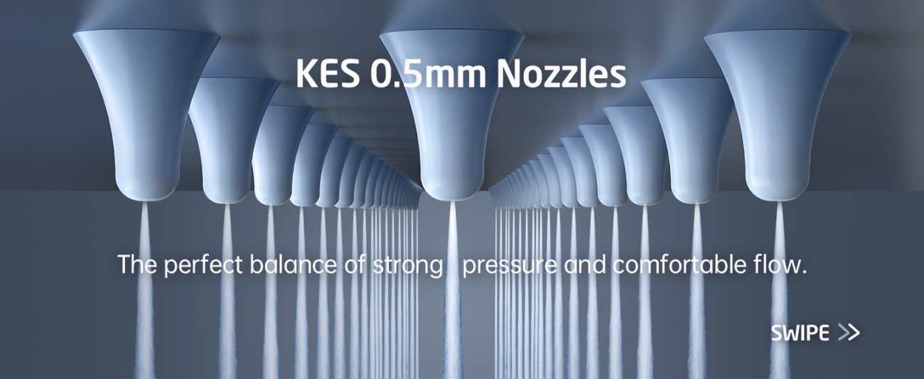 Close-up showing how to easily pinch-clean mineral scale off a long silicone shower nozzle tip