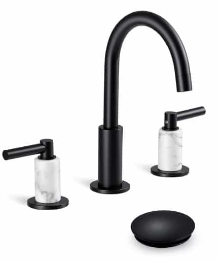 KES Natural Italian Carrara Marble Matte Black Bathroom Faucet 3 Hole with All Metal Pop Up Sink Drain L4329F12-BK-C1