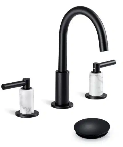 KES Natural Italian Carrara Marble Matte Black Bathroom Faucet 3 Hole with All Metal Pop Up Sink Drain L4329F12-BK-C1