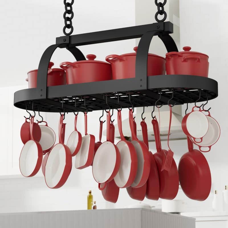 KES 48 Inch Large Hanging Pot Rack, Heavy Duty Oval Pot and Pan Hanging Rack Ceiling Mount, Pot Pan Hangers for Kitchen with 20 Hooks, Matte Black, (For 16" and 24" Joist Mount)