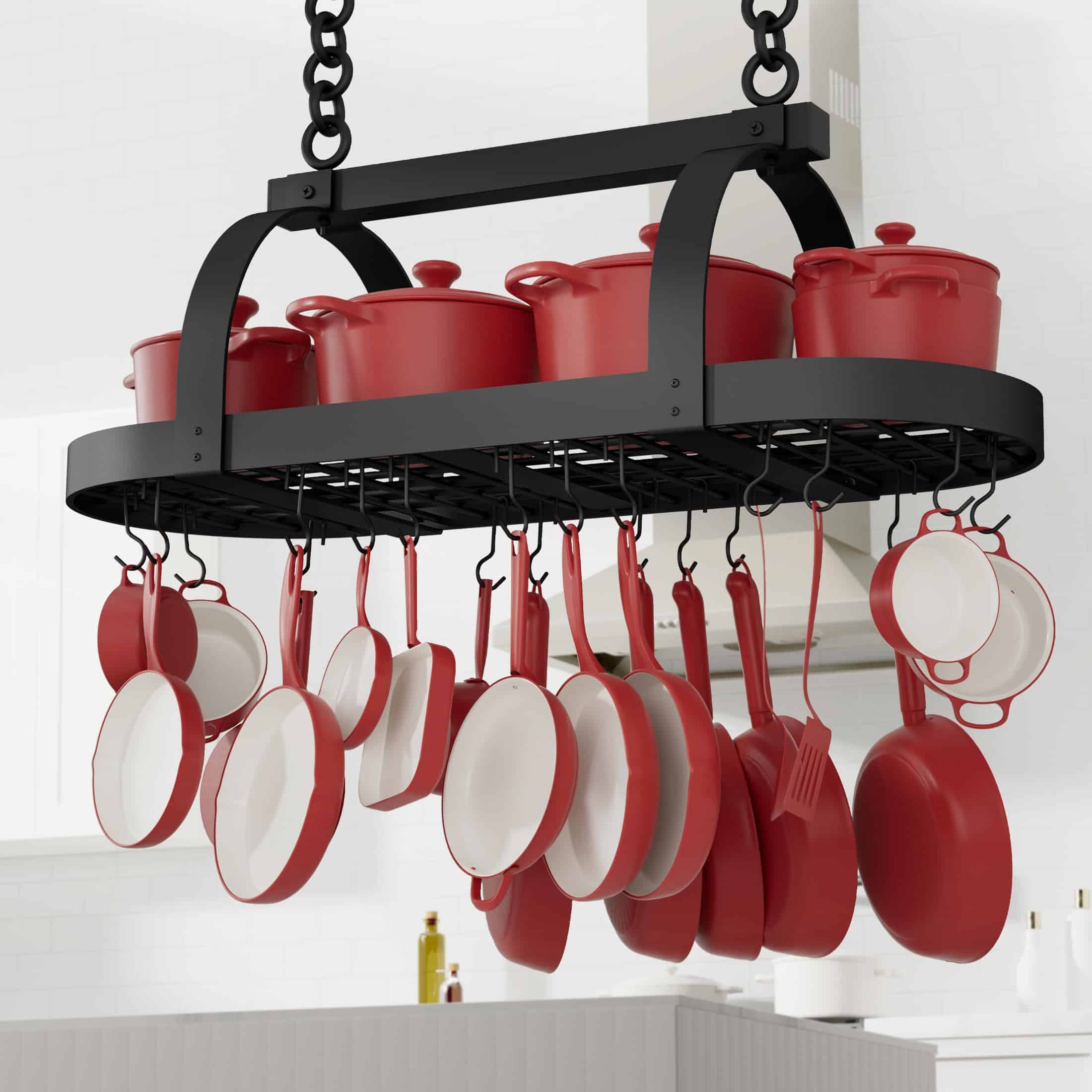 KES 48 Inch Large Hanging Pot Rack, Heavy Duty Oval Pot and Pan Hanging Rack Ceiling Mount, Pot Pan Hangers for Kitchen with 20 Hooks, Matte Black, (For 16" and 24" Joist Mount)