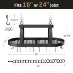 KES 48 Inch Large Hanging Pot Rack, Heavy Duty Oval Pot and Pan Hanging Rack Ceiling Mount, Pot Pan Hangers for Kitchen with 20 Hooks, Matte Black, (For 16" and 24" Joist Mount)