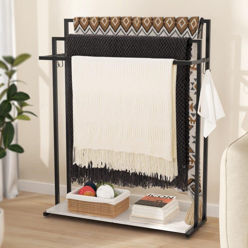 KES Extra Large Free Standing Towel Racks for Bathroom with Anti Wobble Base, 44 Inch Blanket Rack, 3-Tier Blanket Holder for Living Room with Weighted Marble Shelf & 4 Hooks,