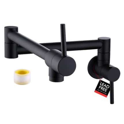 Matte black wall-mounted pot filler with two folding arms and two lever handles