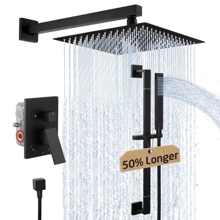 Matte black shower system with square rainfall head, handheld shower, slide bar and concealed valve