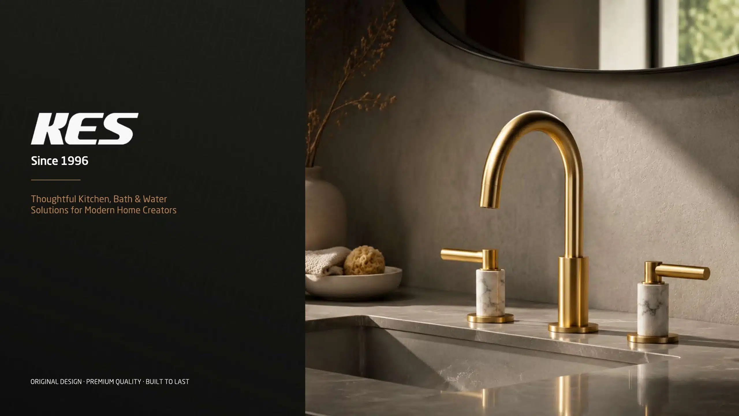 Cover of the KES Brand and Product Catalog 2026, showing a brushed gold widespread bathroom faucet with marble handles